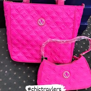 Quilted Hot Pink Large Tote & Mini clutch Travelers 2pc Set